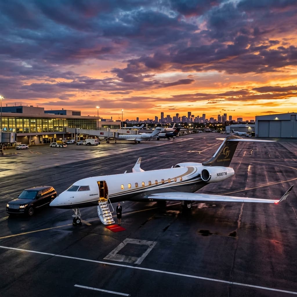 Private luxury jet at sunset — Romanof Travel premium fleet